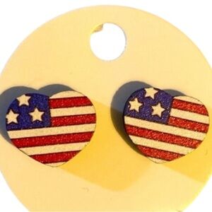 New Americana Flag Heart Earrings, Pierced, Wood, Red,White,Blue, Stars,Stripes‍